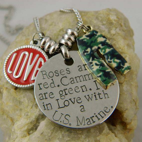 Roses are Red. Cammies are green. Marine Handstamped Necklace with Love Charm and Camo Pants